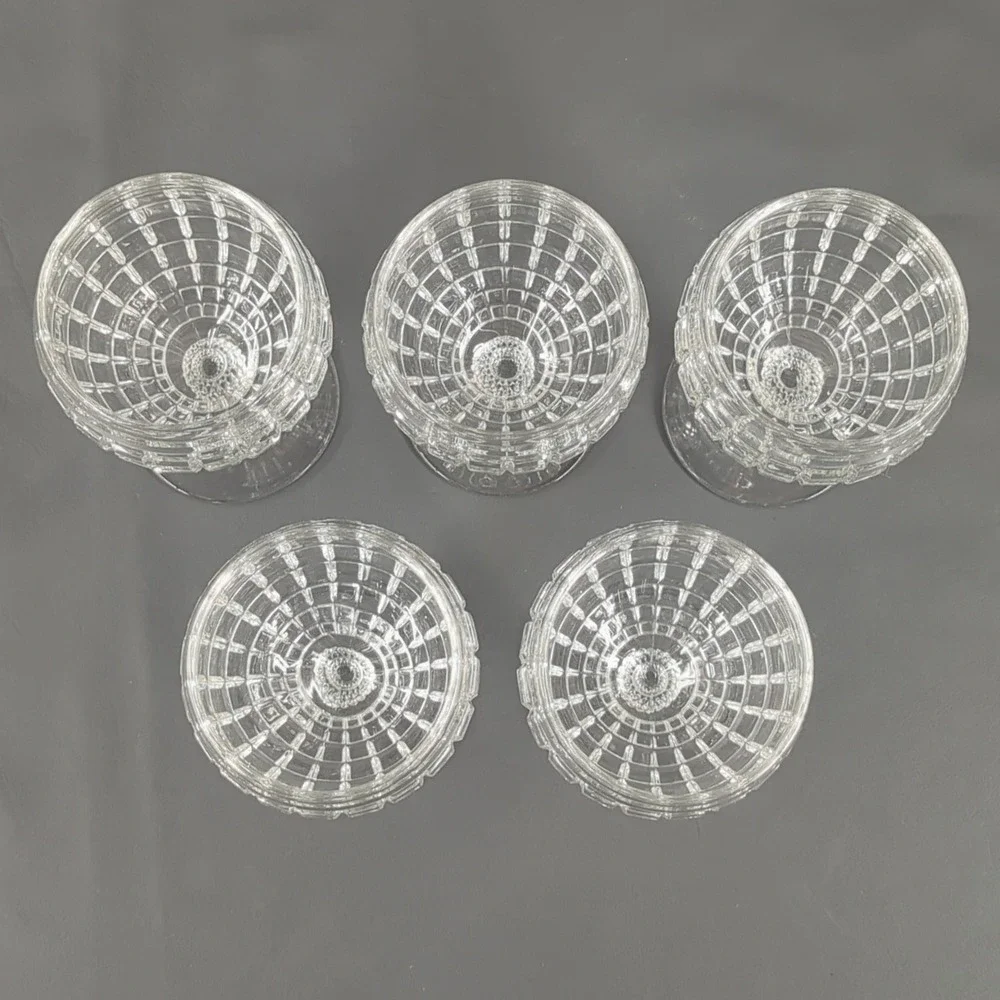 Vintage Waffle Grid Crystal Wine Goblets Double Ball Hobnail Stem Set of 5 Clear